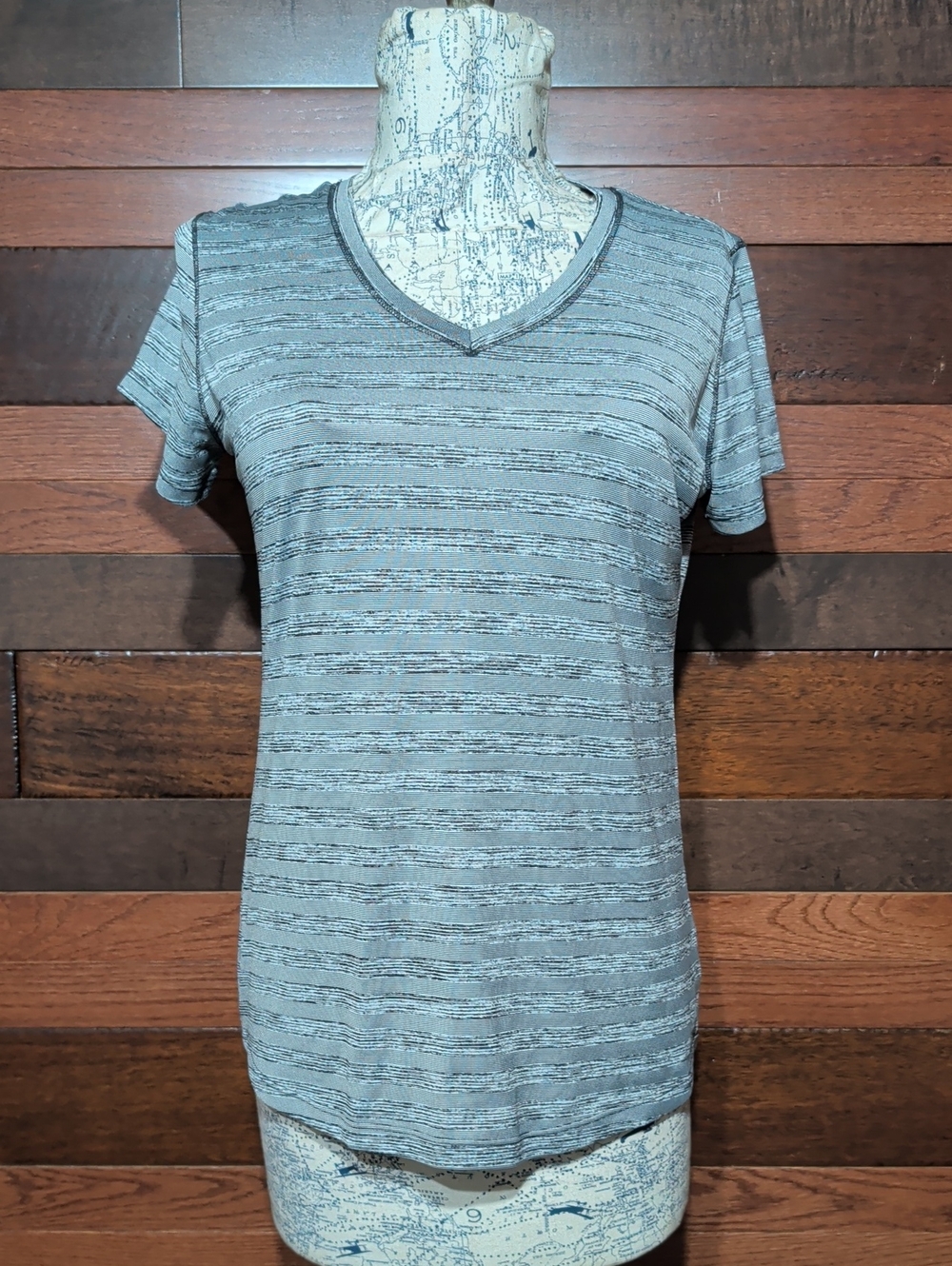 RBX Women’s Short Sleeve V-Neck Striped Tee — Gray